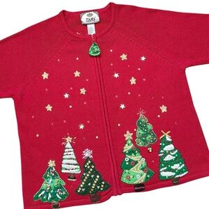 2003 Tiara Christmas Sweater Cardigan Embellished Sequins Trees L Large